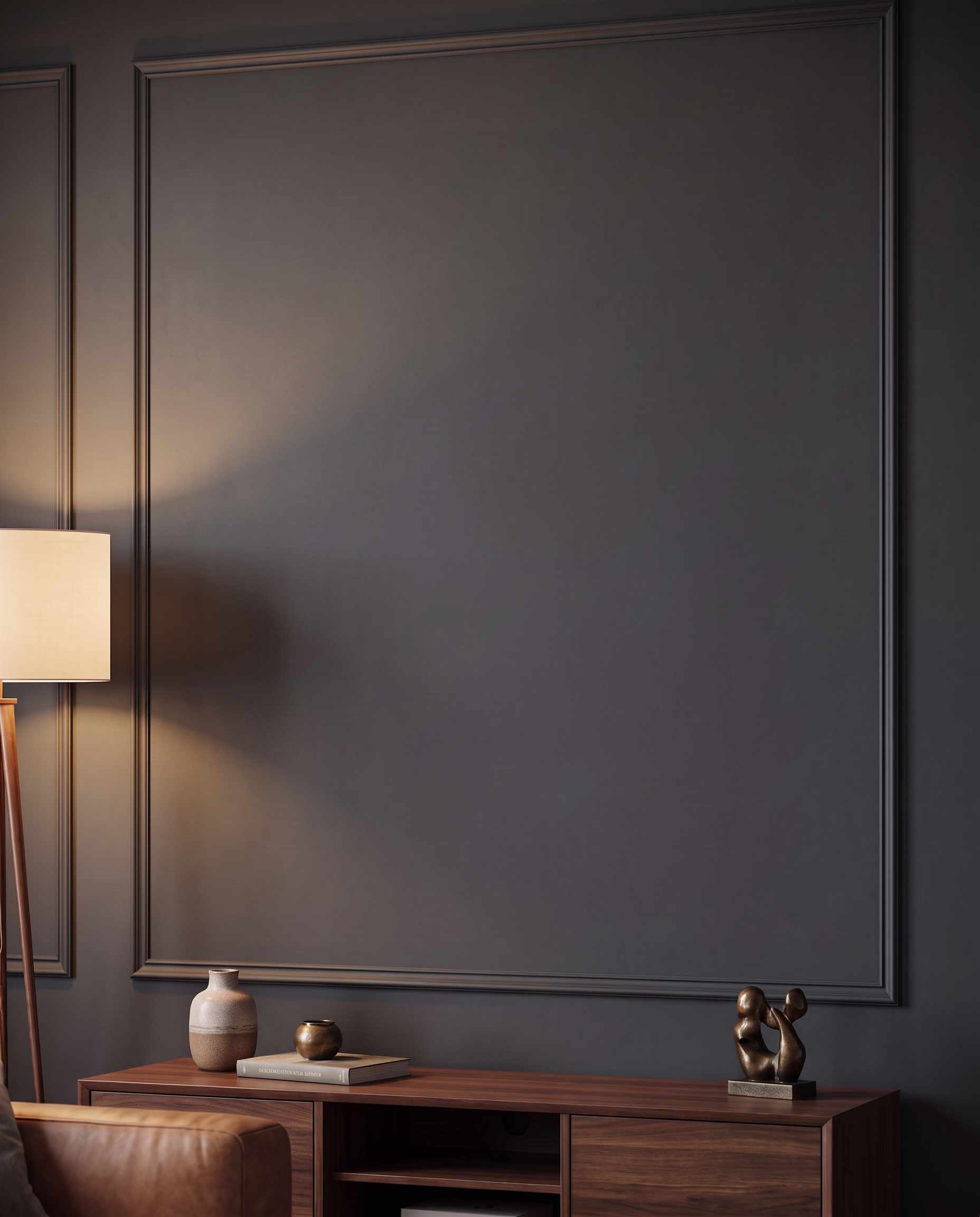 Styled living room wall with a console table and floor lamp, used to show canvas scale