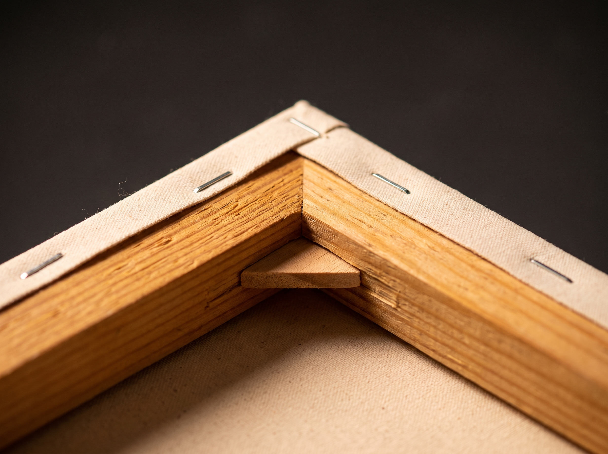 Macro photograph of a stretched canvas corner: kiln-dried pine stretcher bar, wooden corner wedge, staples and the canvas wrapped over the edge